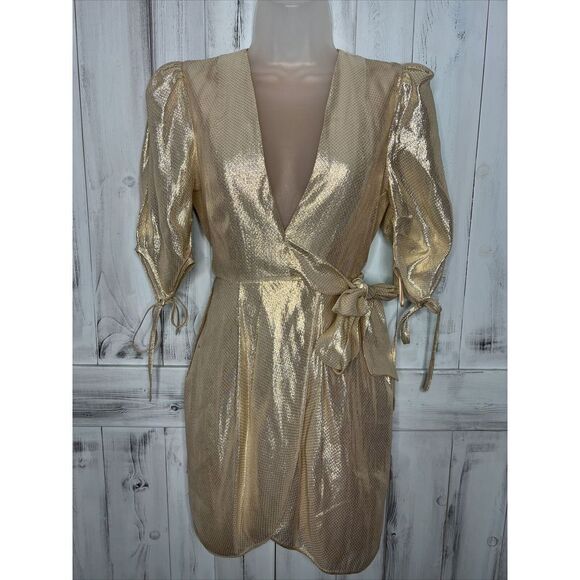 Alice McCall | Dresses | Alice Mccall Golden Girl Astral Faux Wrap Plunge  Neck Puff Sleeve Mini Dress | Poshmark
